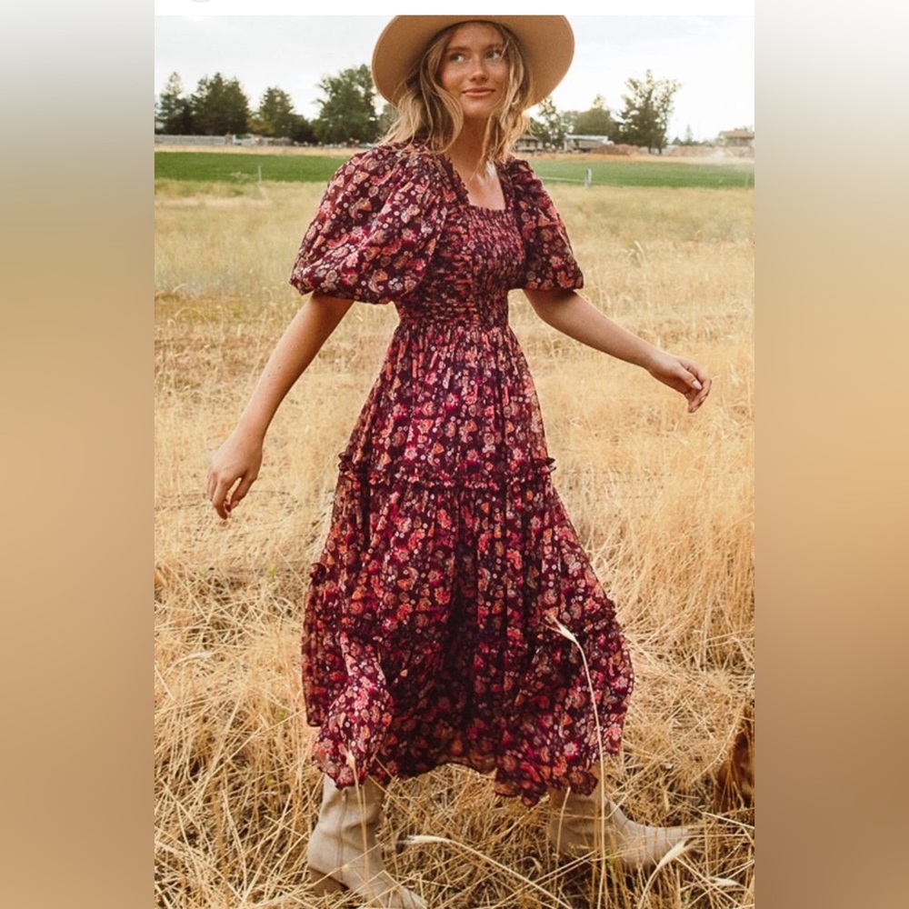 Ivy City Co Floral Midi Dress - Red and Pink